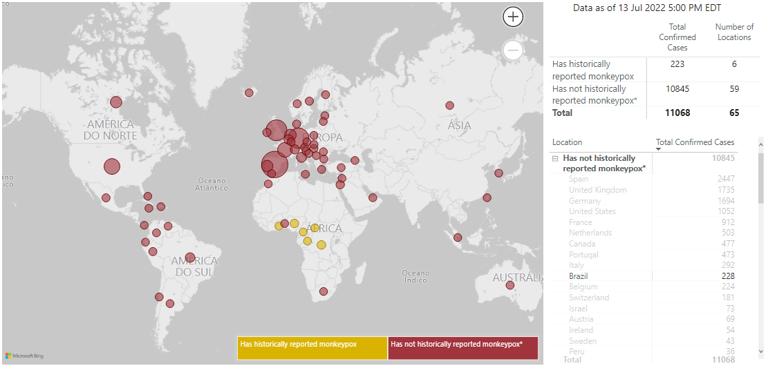 Mapa da distribuição da doença Varíola dos Macacos pelo mundo